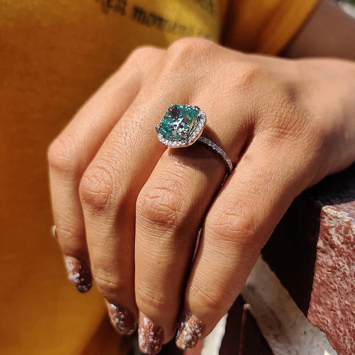 Exquisite Halo Cushion Cut Cyan Blue Sterling Silver Engagement Ring Shineofdiamond
