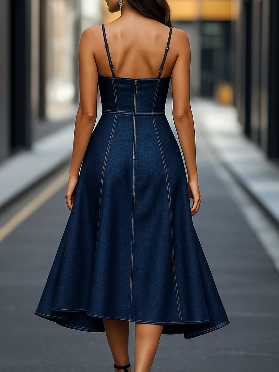 Dark Indigo Sleeveless Fitted Denim - Midi Dress