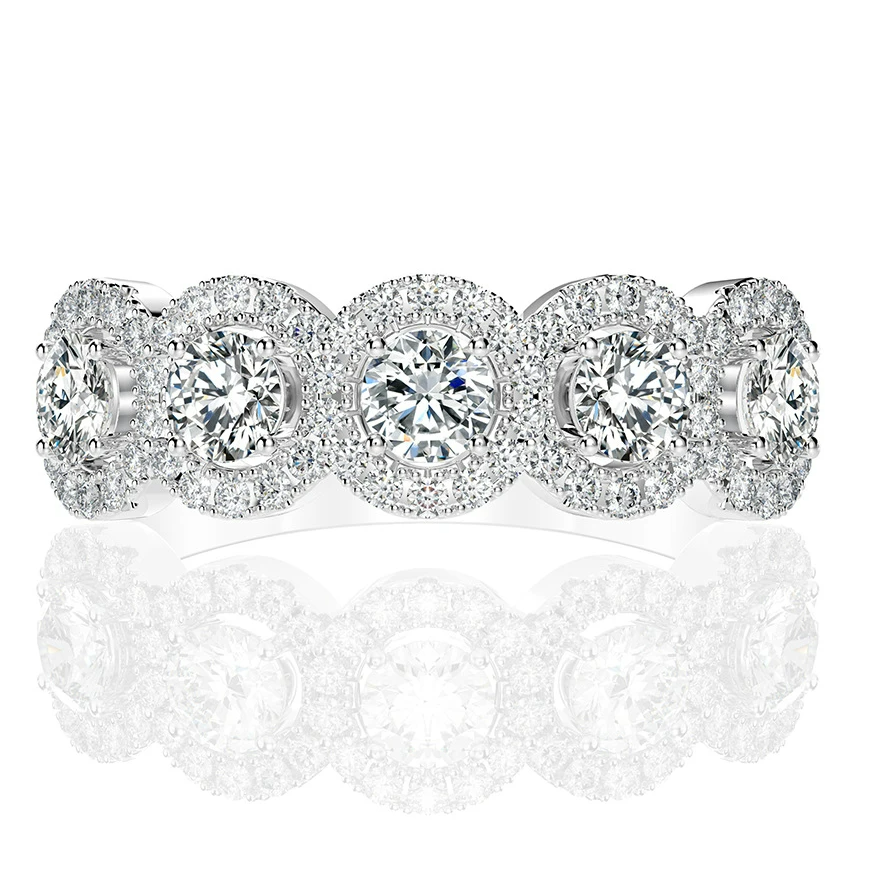 Dainty Halo Round Cut Five Stone Sterling Silver Wedding Band hot