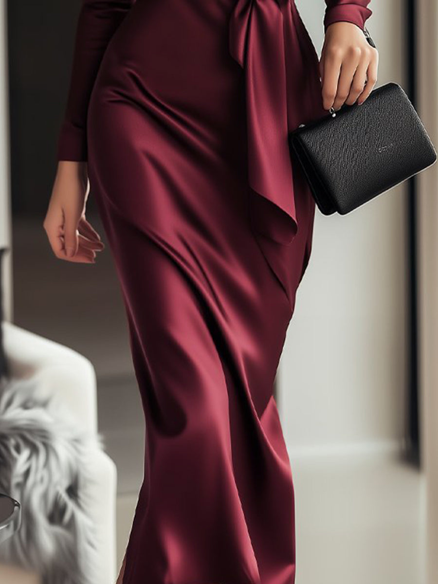 Burgundy Satin Wrap with Waist Tie Detail - Wrap Dress