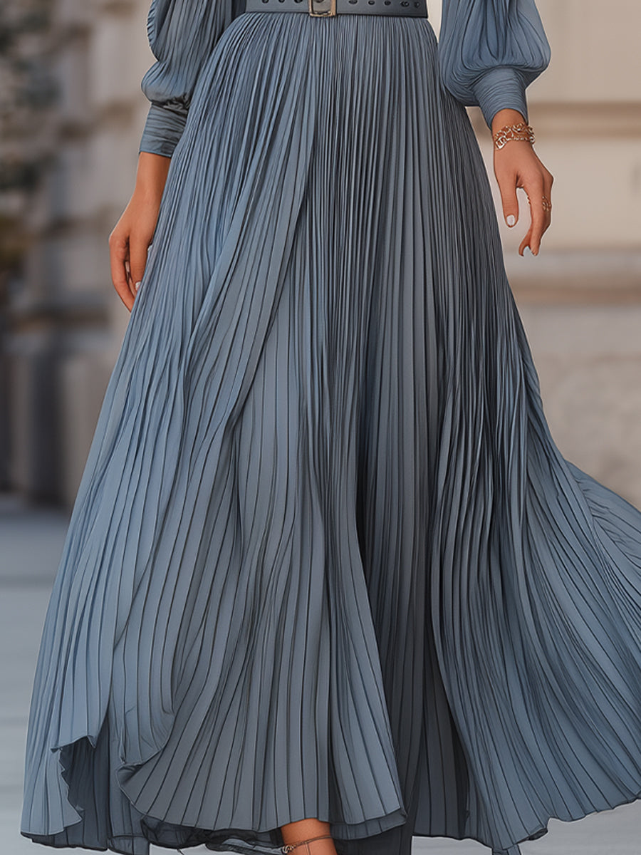 Elegant Steel Blue Pleated A-Line - Midi Dress