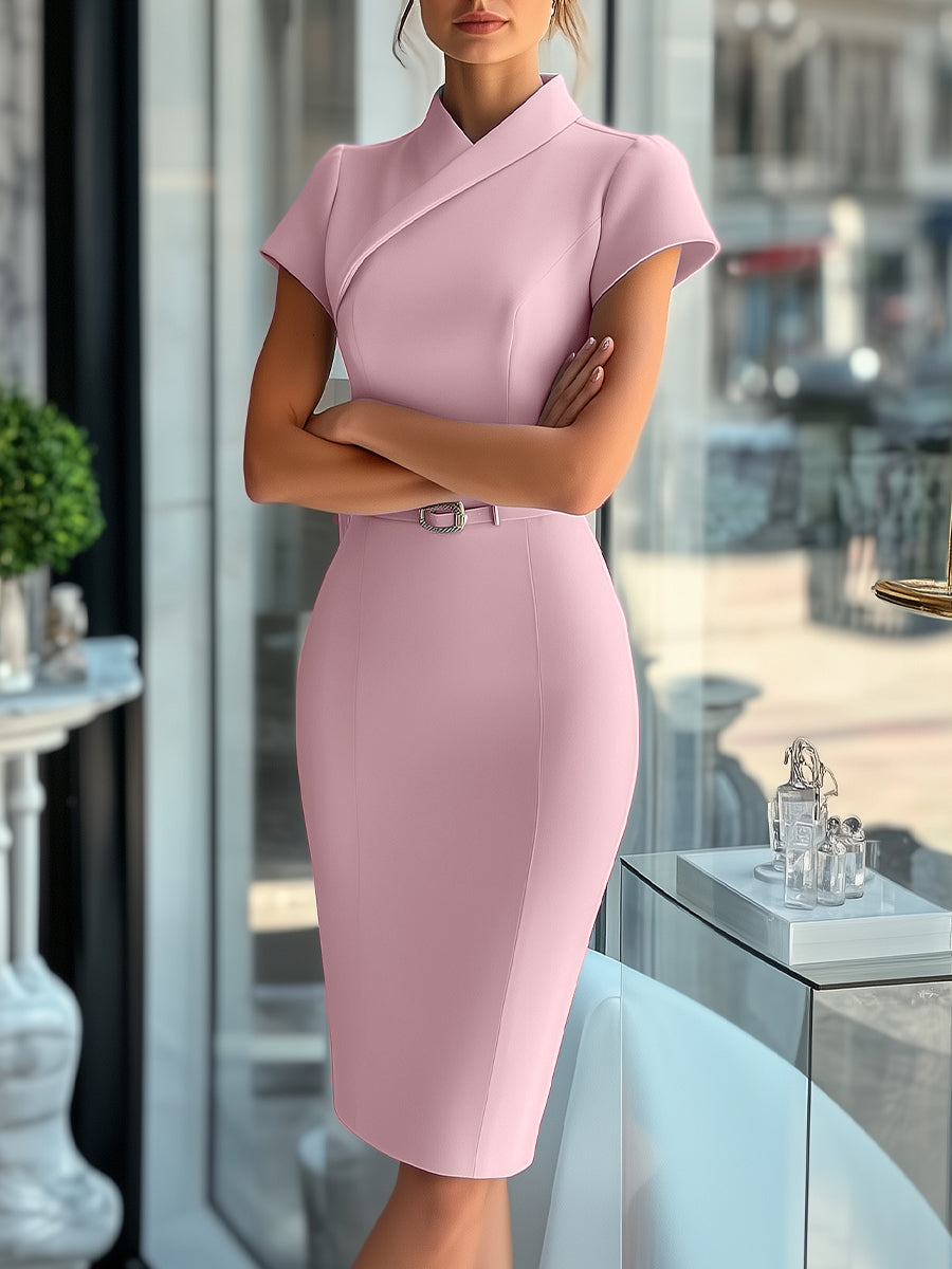 Women's Sky Blue Sleek Asymmetrical Belted Dress - Midi Dress