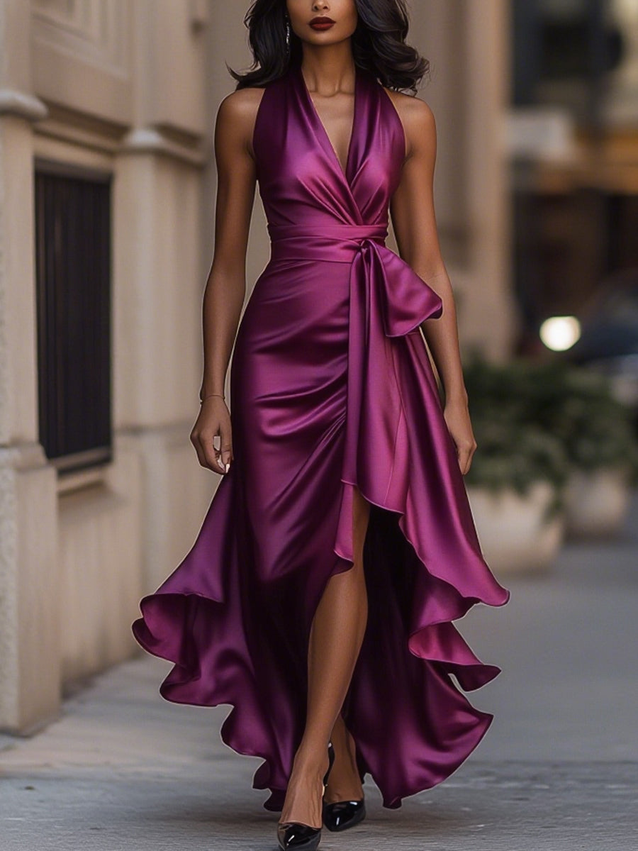 Midnight Satin Halter with Ruffle Detail - Maxi Dress