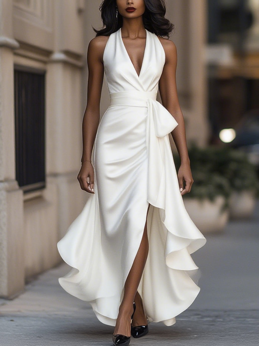 Midnight Satin Halter with Ruffle Detail - Maxi Dress