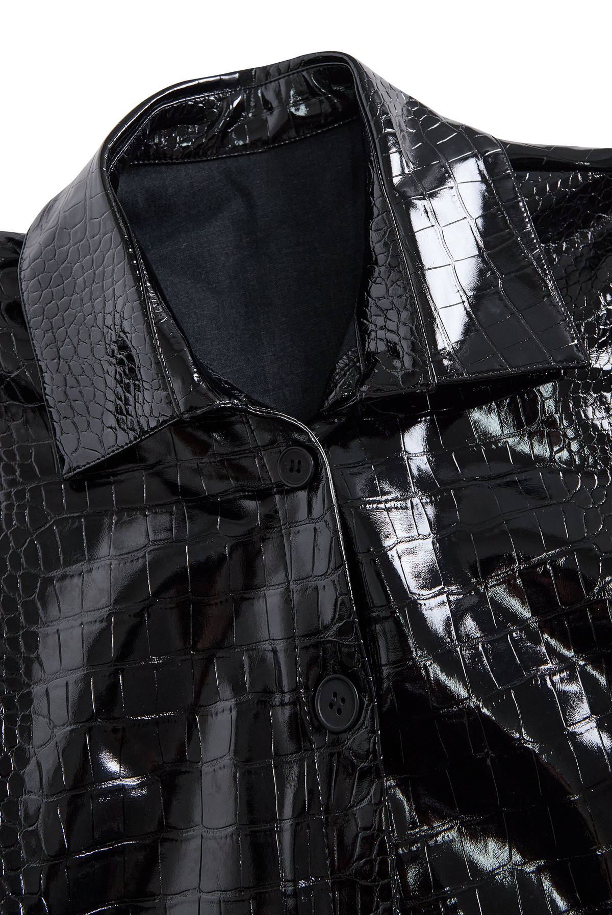 Women's Glossy Black Crocodile-Embossed Faux Leather Button-Down - Shirt