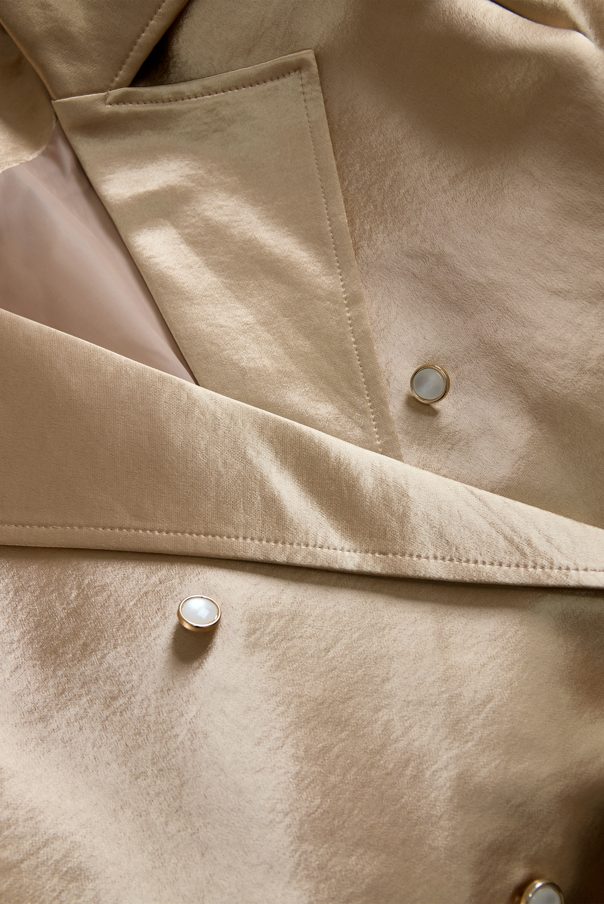 Women's Champagne Satin Tailored Trench, Timeless Elegance - Trench Coat