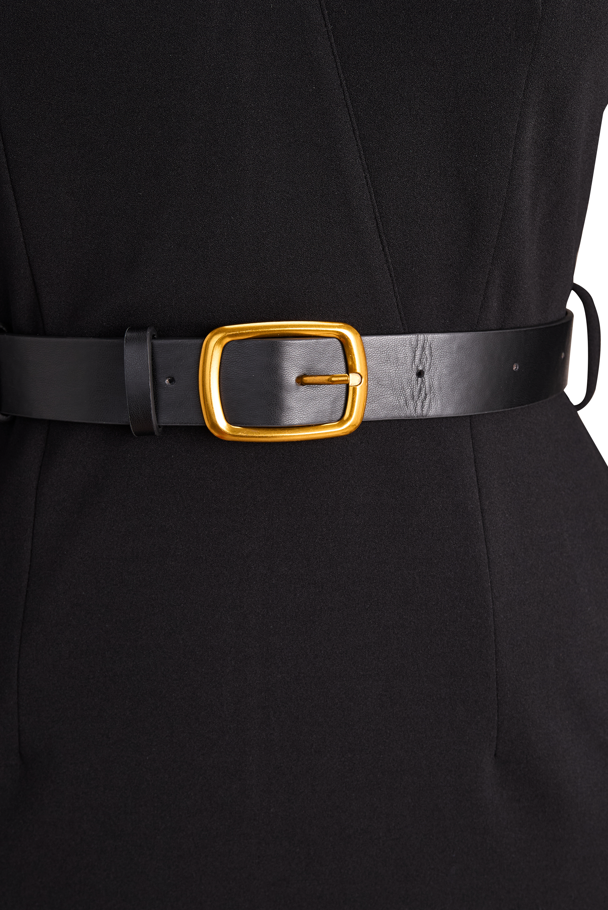 Sleek Black Belted Mandarin Collar Sheath - Midi Dress