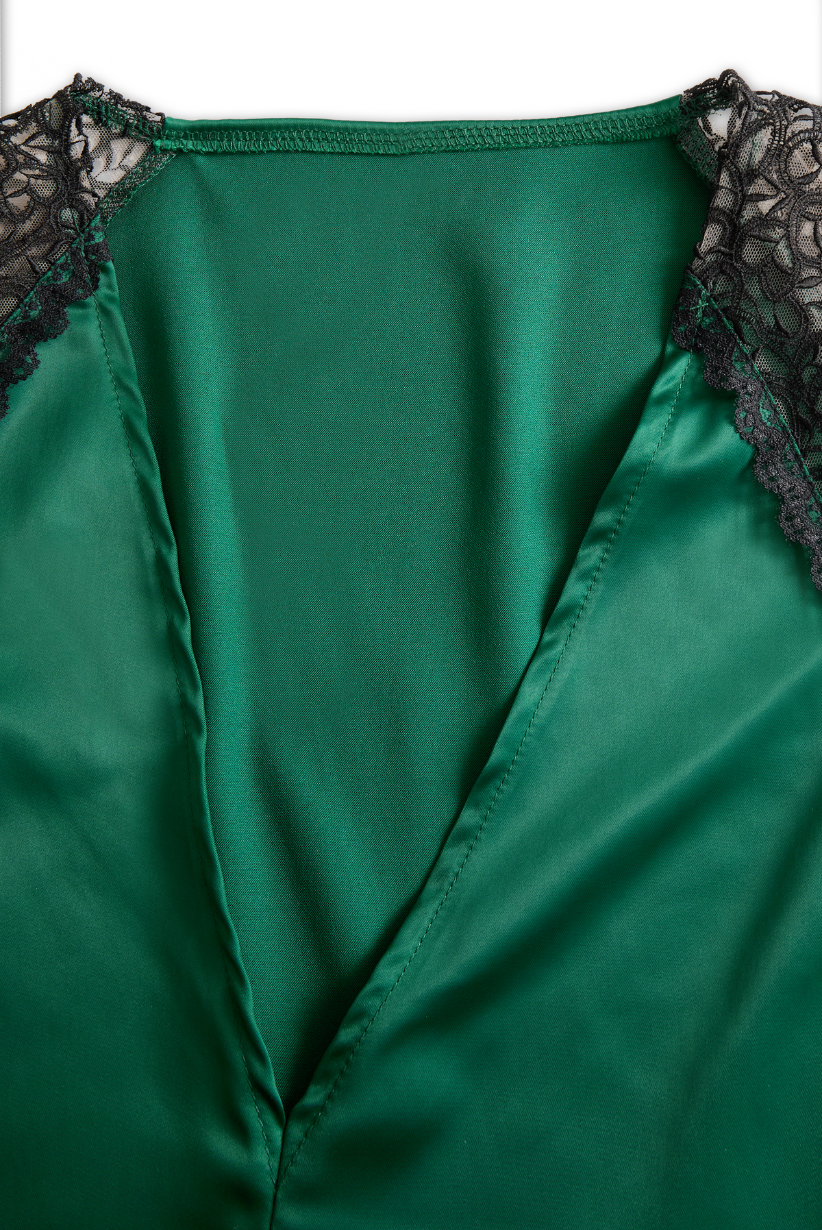 Emerald Satin Deep V-Neck with Lace Trim - Blouse