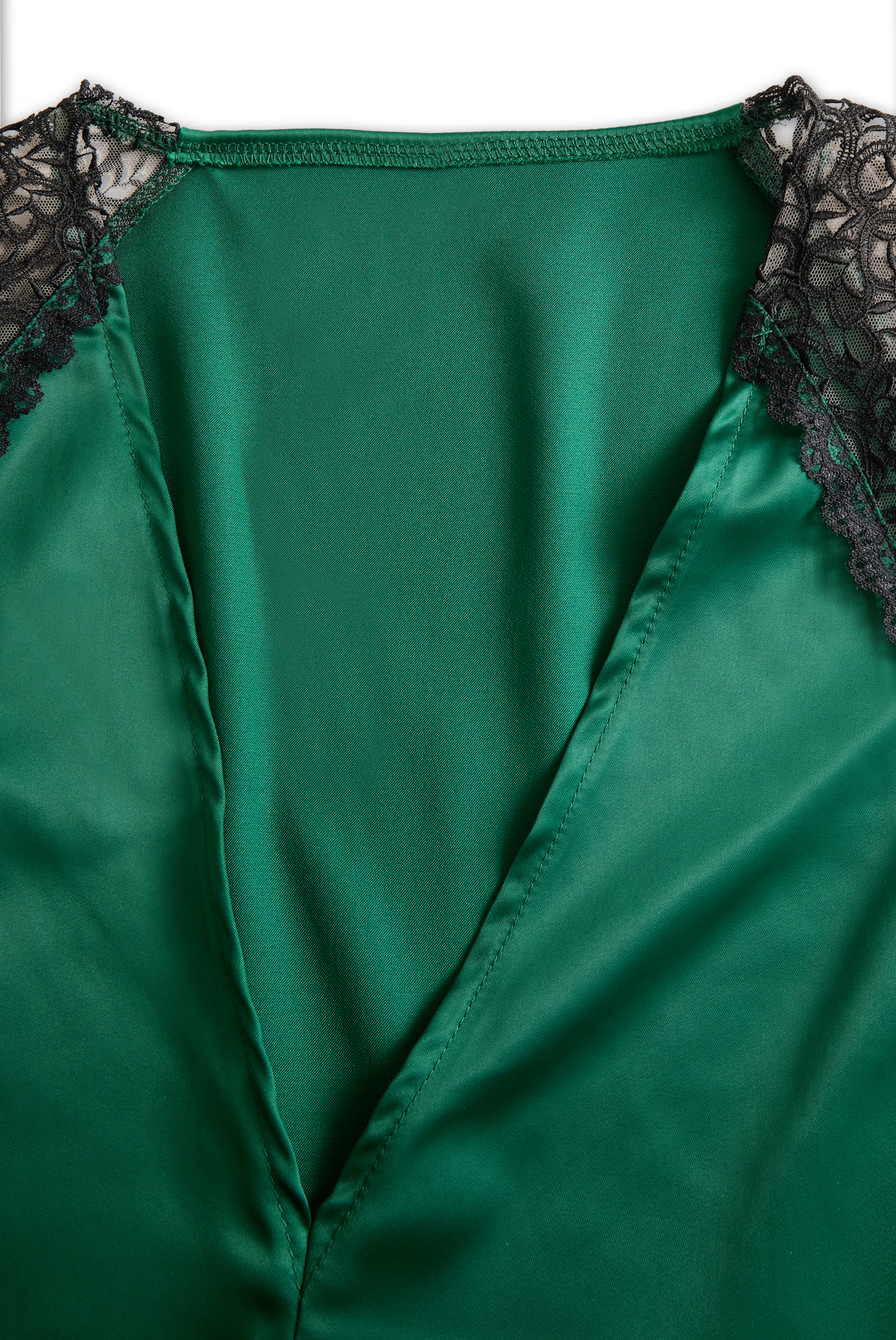 Emerald Satin Deep V-Neck with Lace Trim - Blouse