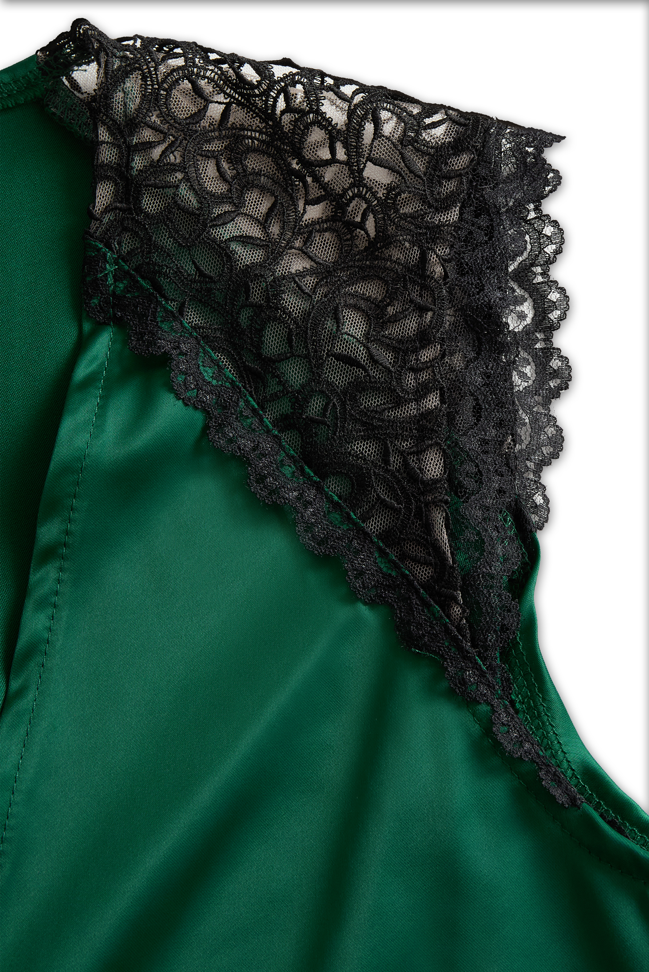 Emerald Satin Deep V-Neck with Lace Trim - Blouse