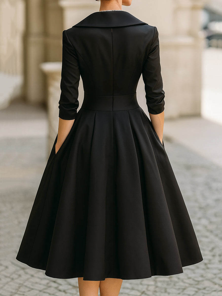 Vintage Satin Draped Collar Elegant Silhouette - Midi Dress