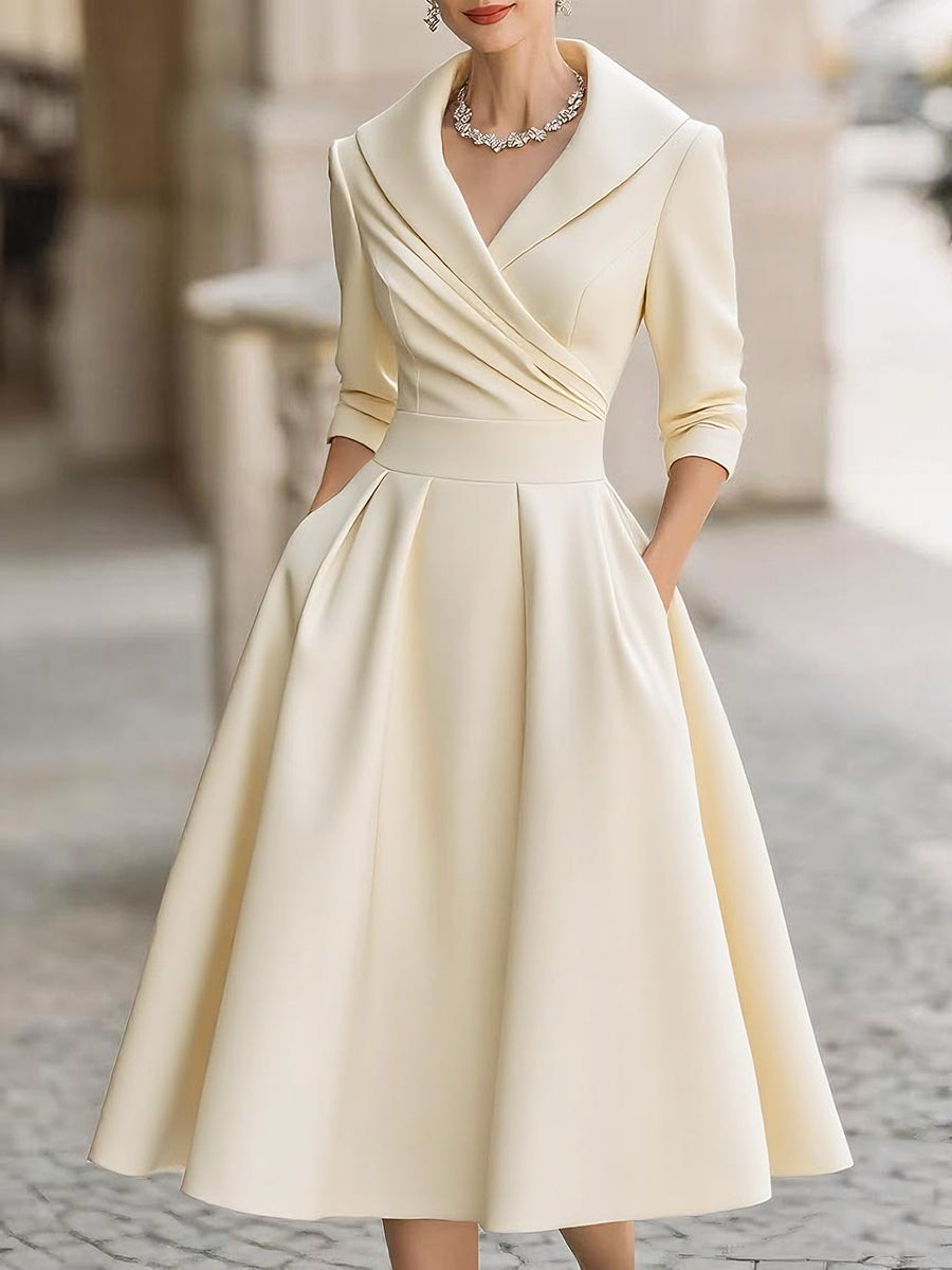 Vintage Satin Draped Collar Elegant Silhouette - Midi Dress