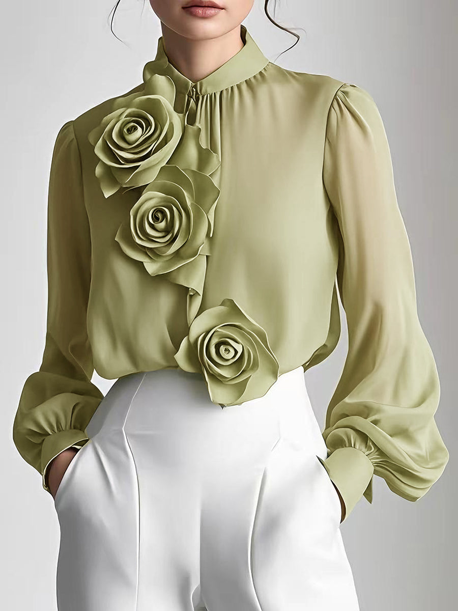 Modern White 3D Rose Applique - Women's Blouse