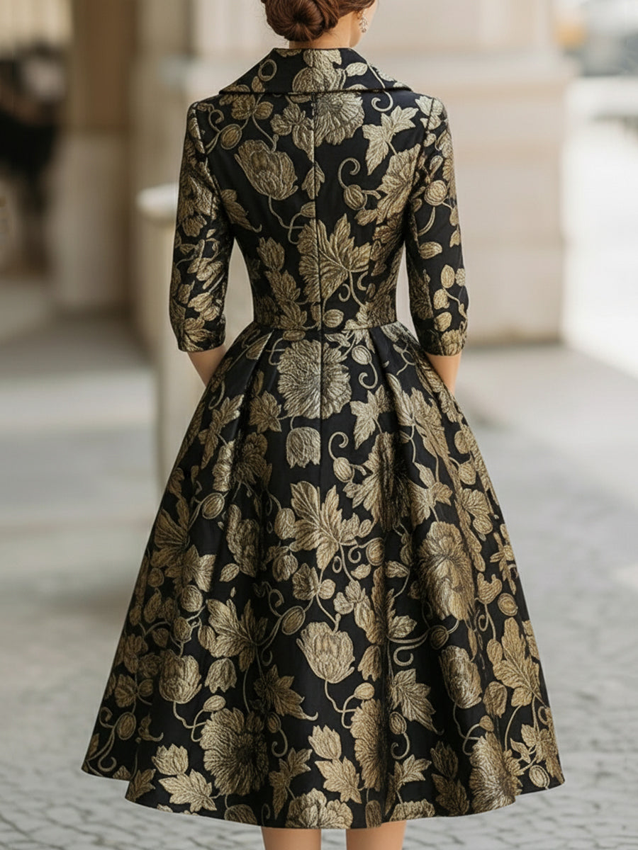 Black and Gold Jacquard Floral Metallic Detail - Midi Dress