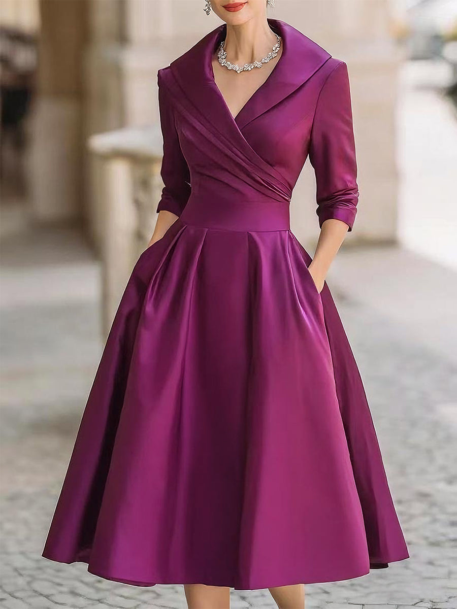 Vintage Satin Draped Collar Elegant Silhouette - Midi Dress