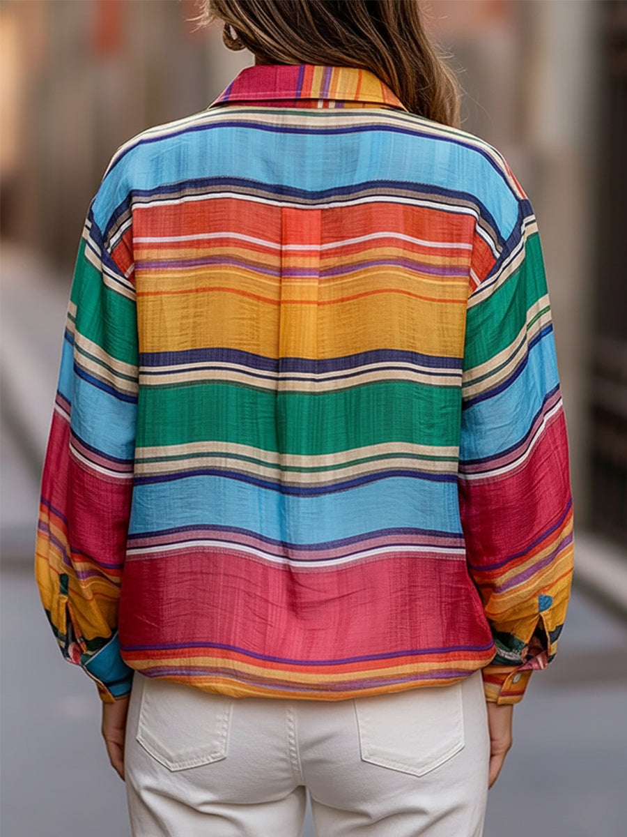 Shirt-Collar Rainbow Stripe Linen Top - Blouse