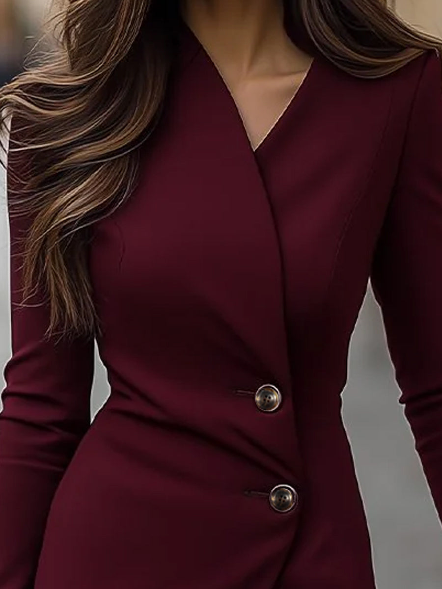 Burgundy Wrap-Style Buttoned Waist Tie - Midi Dress