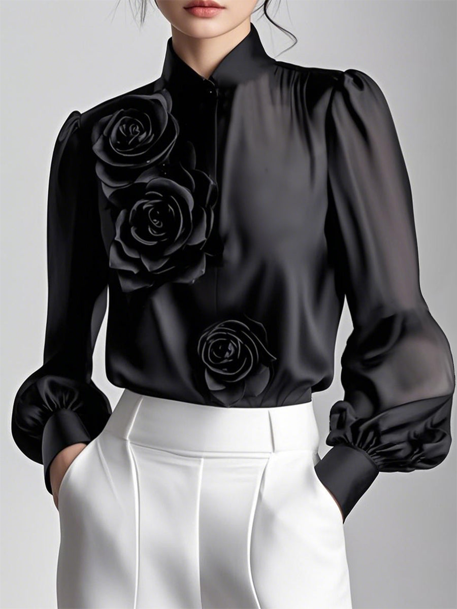 Modern White 3D Rose Applique - Women's Blouse