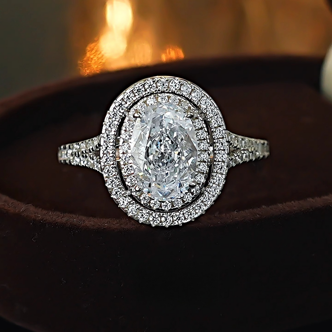 Classic Oval Double Halo Engagement Ring in Sterling Silver Shine of Diamond