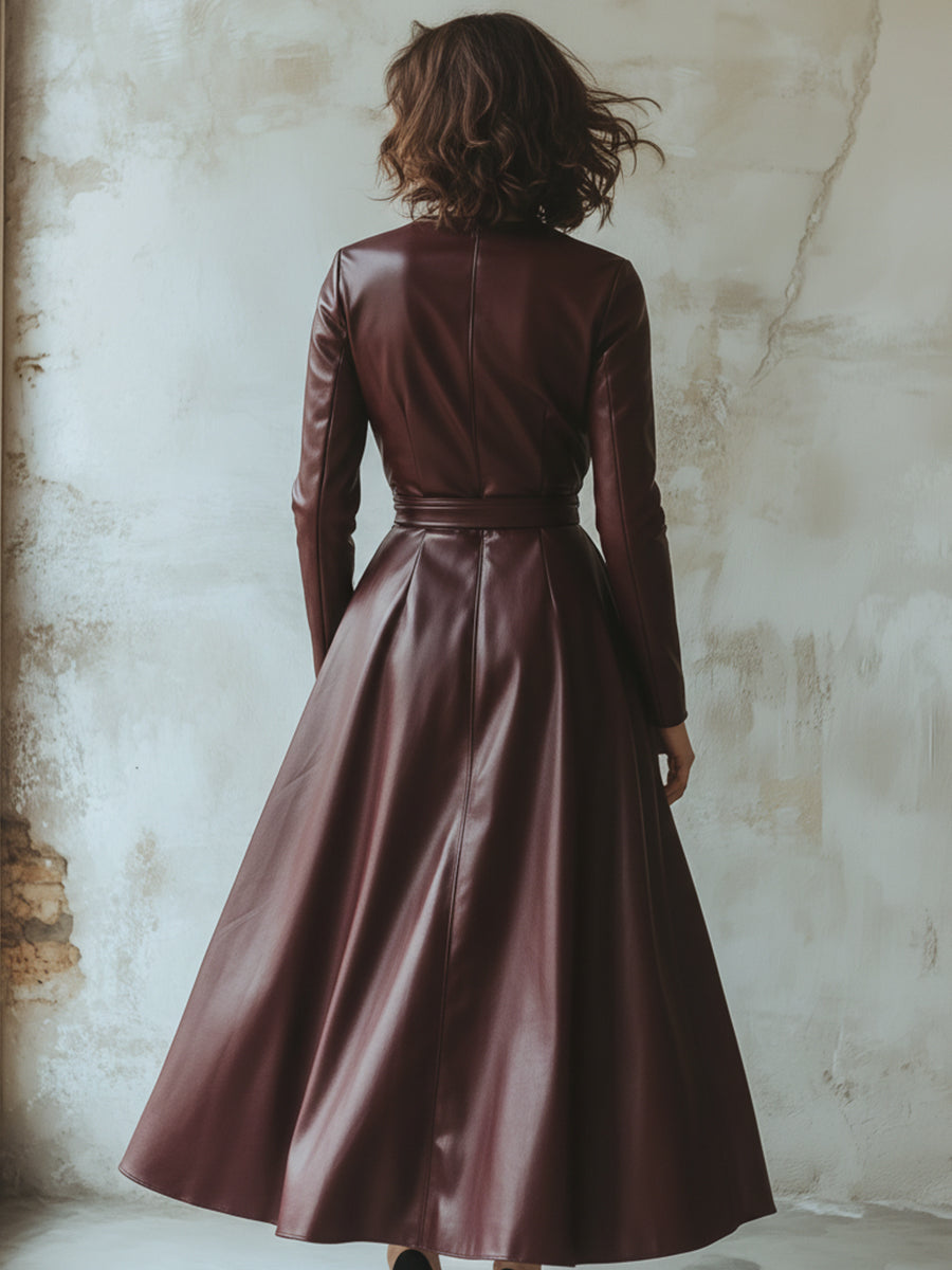 Chic Women's Burgundy Leather Sheath - Mini Dress