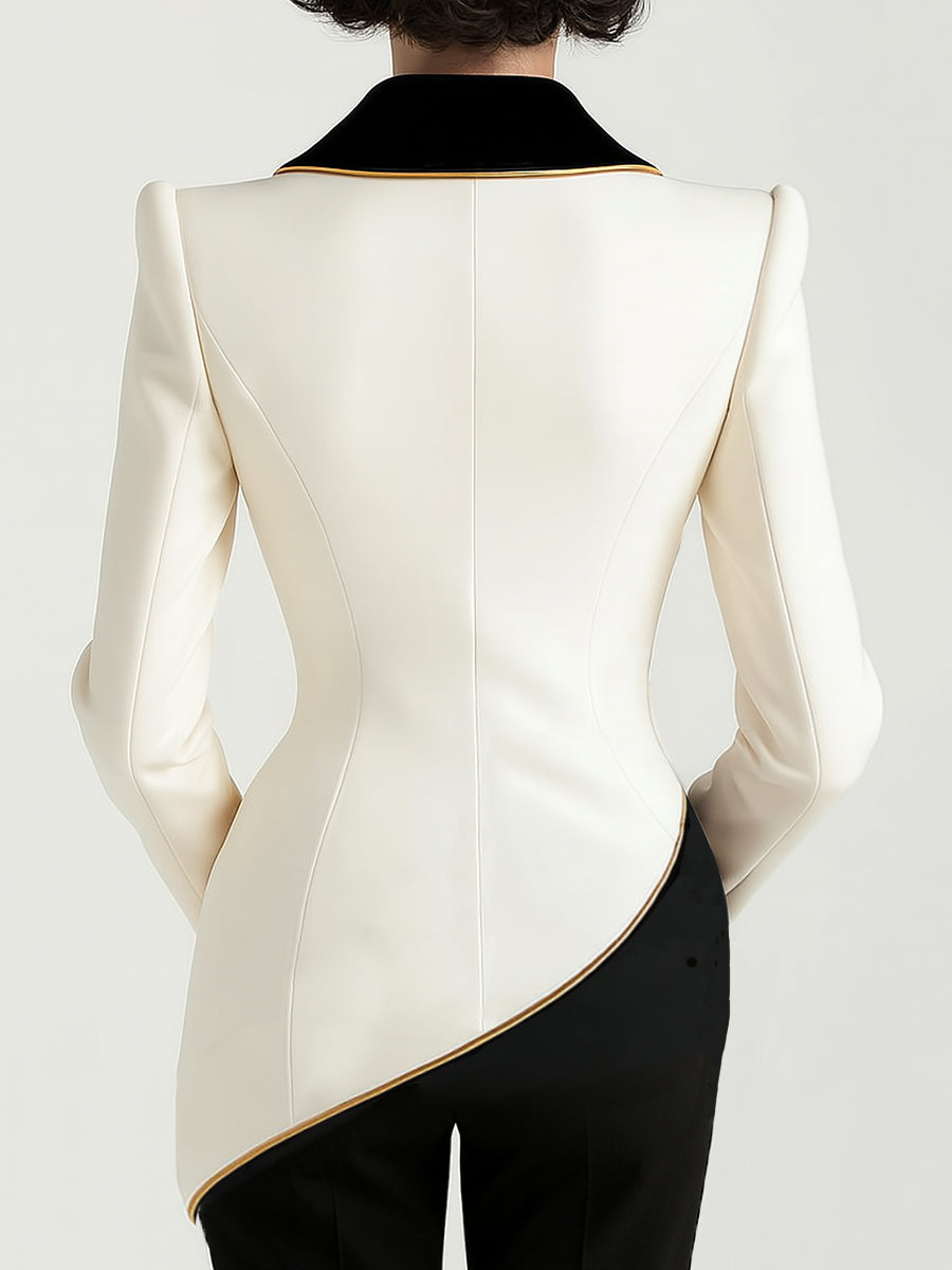 Asymmetrical White Blazer with Black Contrast Lapels - Women's Tailored Blazer