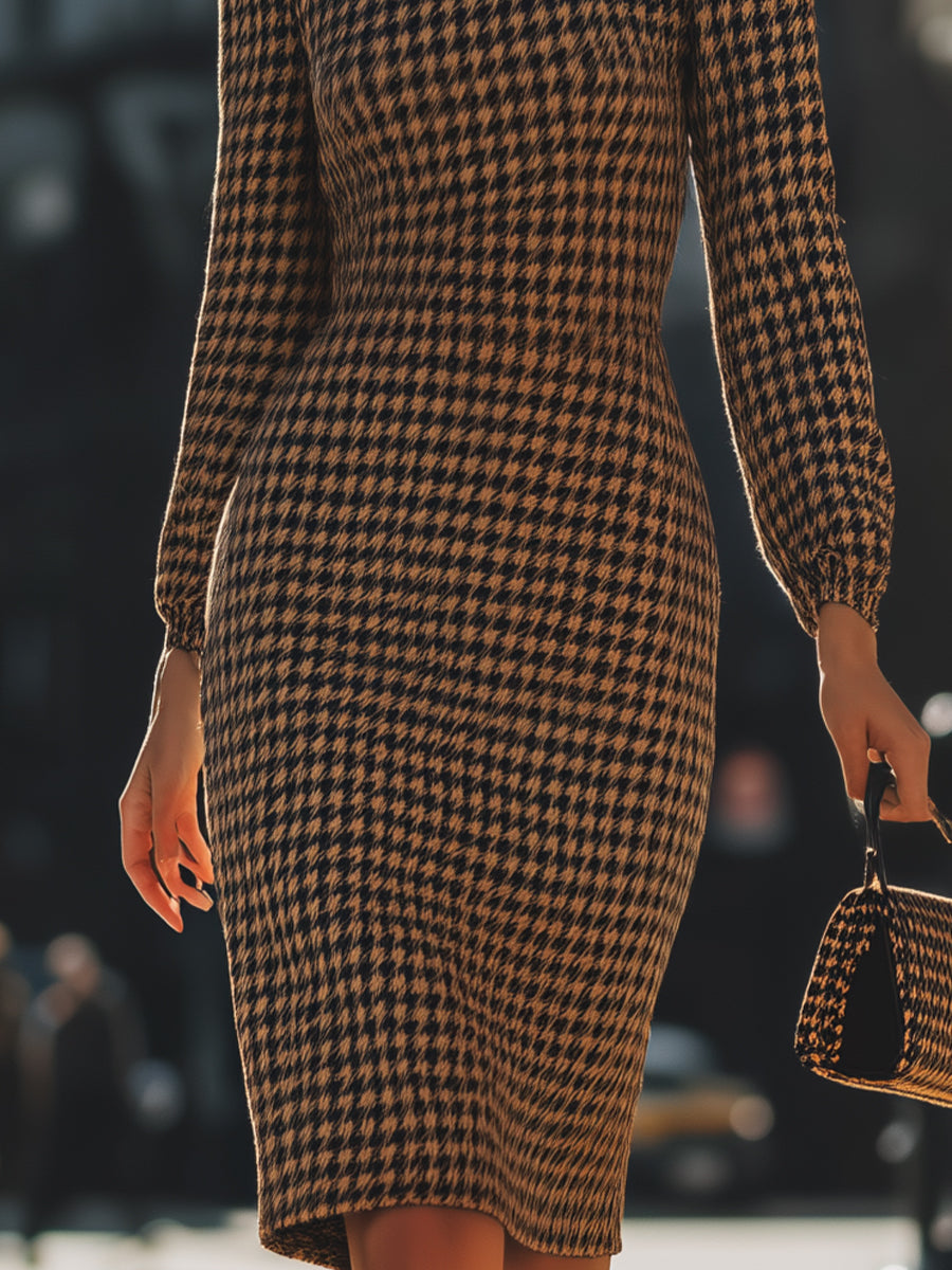 Elegant Houndstooth Mock Neck - Midi Dress