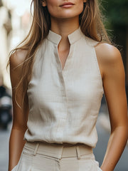 Minimalist High-Collar Sleeveless Linen Top - Blouse