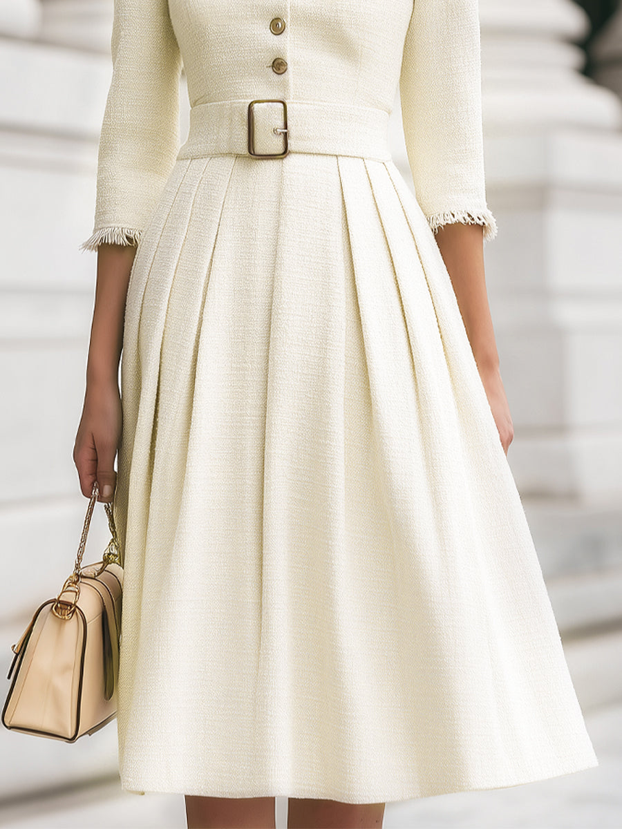 Fringed-Trim Tweed Belted Dress - Midi Dress