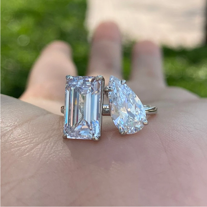 Unique Double-Stone Design Pear Cut & Emerald Cut Engagement Ring Shineofidamond