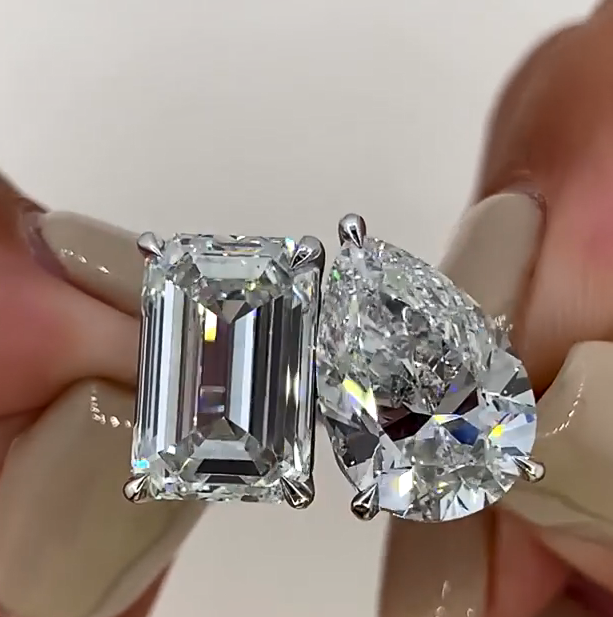 Unique Double-Stone Design Pear Cut & Emerald Cut Engagement Ring Shineofidamond