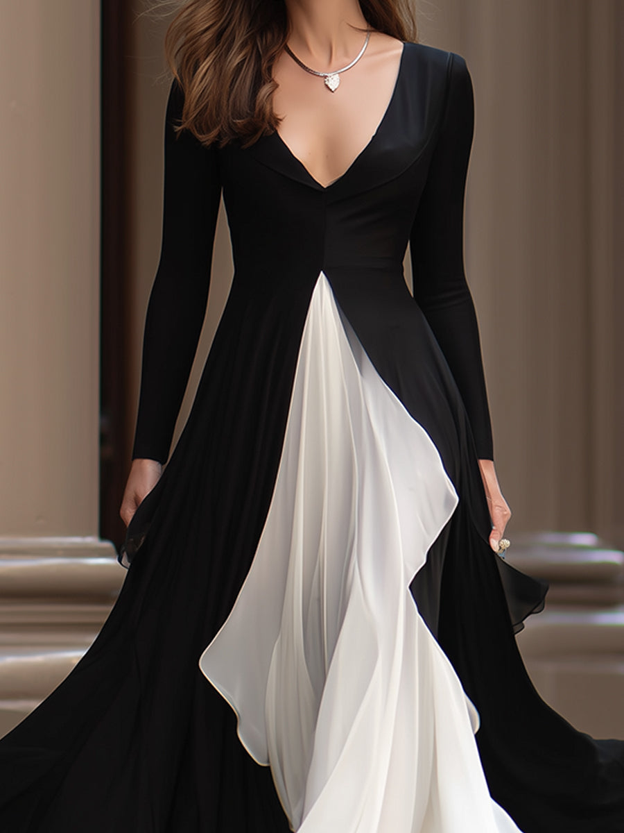 Monochrome Flowing Contrast-Panel Evening Gown - Maxi Dress