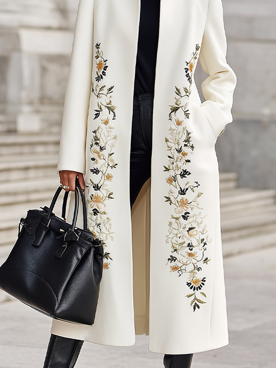 Ivory Embroidered Longline Silhouette - Longline Coat
