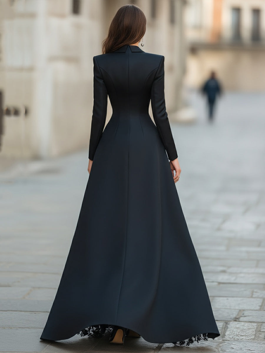 Tailored Blazer-Style Lace Panels, Elegant Evening Look - Maxi Dress