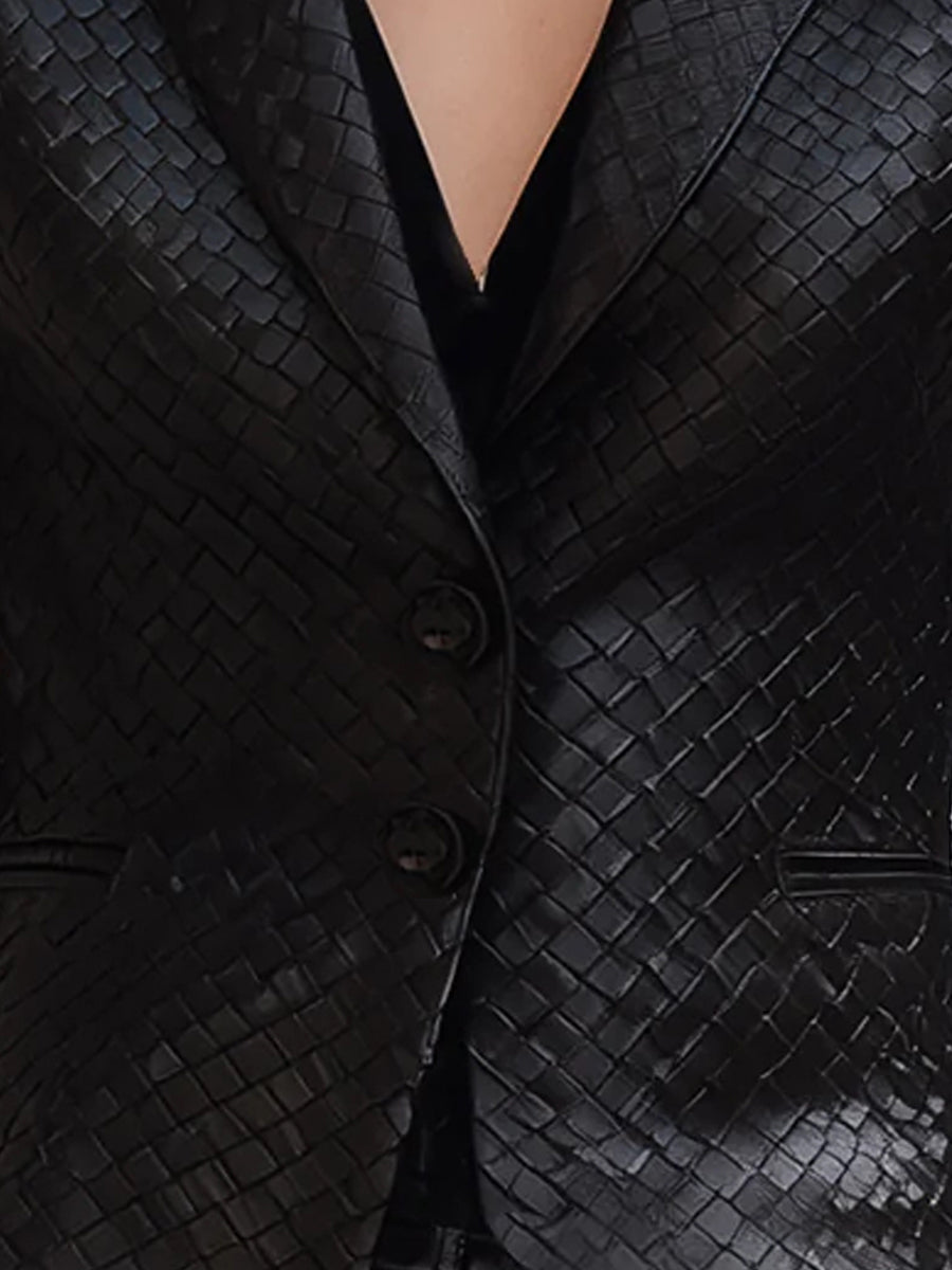 Black Woven Leather Tailored Fit - Blazer