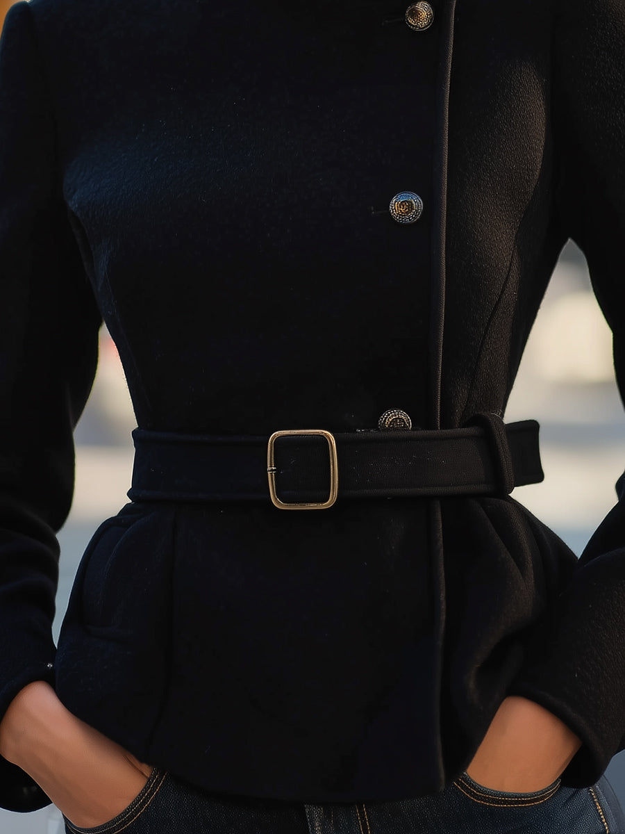 Elegant Black Belted Wool-Blend Tailored - Coat