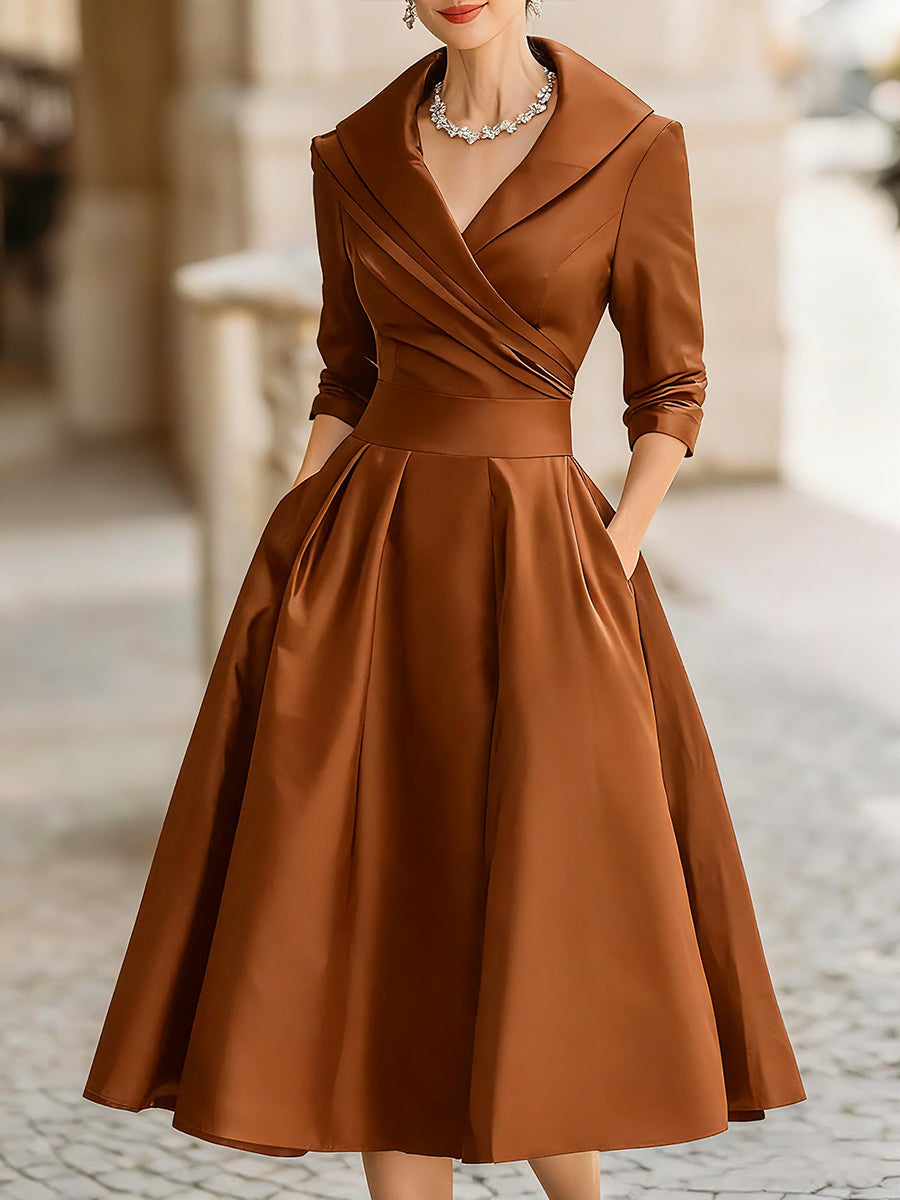 Vintage Satin Draped Collar Elegant Silhouette - Midi Dress