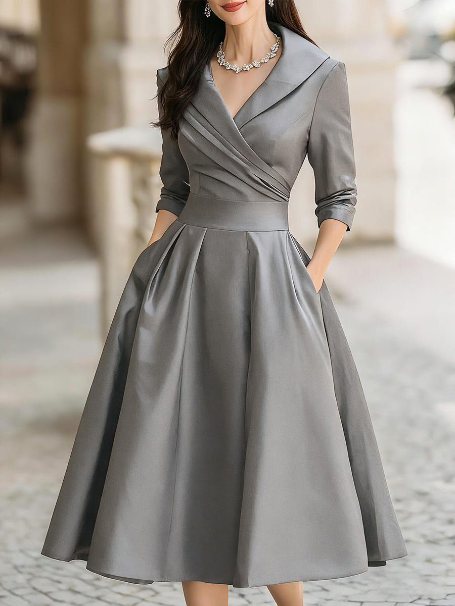 Vintage Satin Draped Collar Elegant Silhouette - Midi Dress