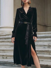 Black Velvet Belted Wrap - Midi Dress