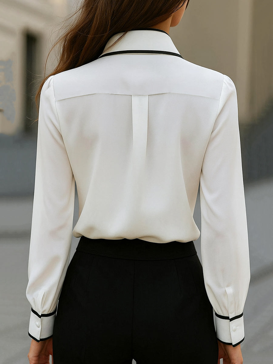 Women's Chic Contrast-Trim Tie-Neck Bow - Blouse