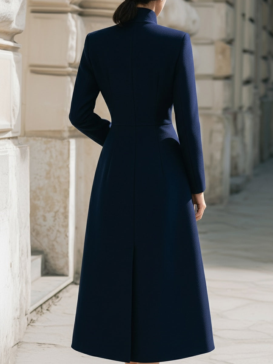 Elegant Navy Stand Collar Longline - Maxi Coat