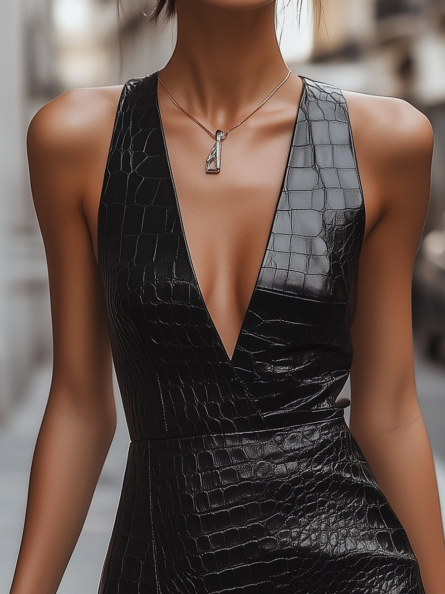 Black Croc-Embossed Leather Bodycon - Mini Dress