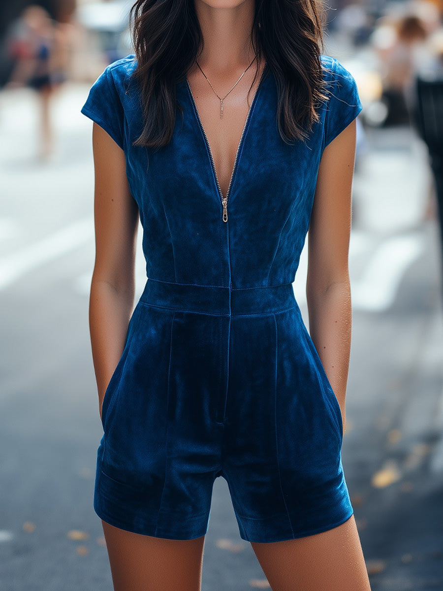 Zipper-Front Sleeveless Utility - Casual Romper