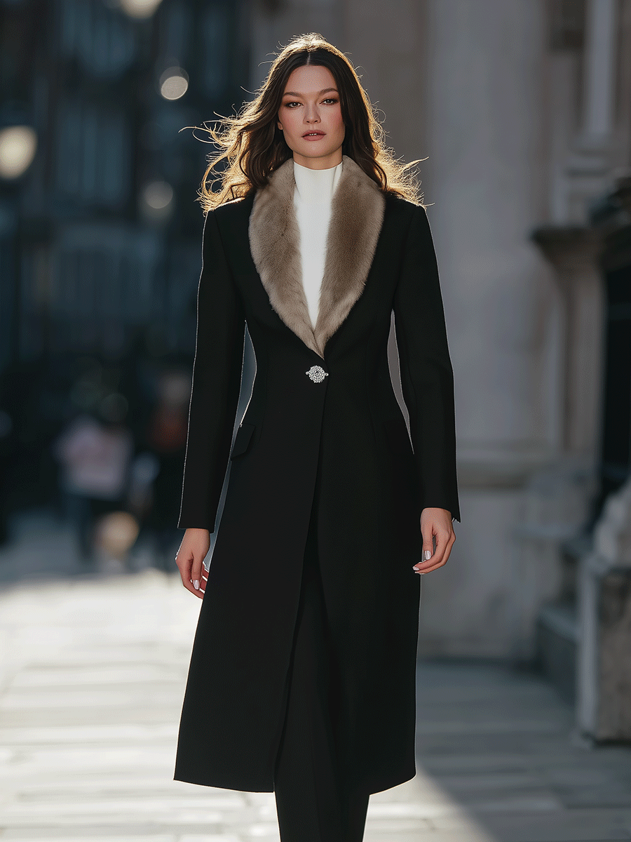 Black Longline Coat With Faux Fur Shawl Collar & Crystal Brooch Closure - Longline Coat