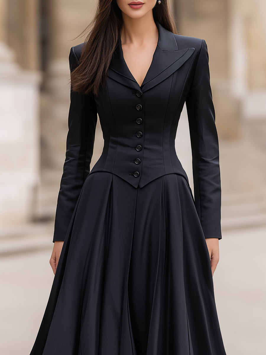 Elegant Tailored Waist Long-Sleeve Fitted Silhouette - Maxi Dress