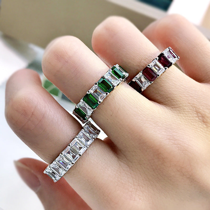 Multi-Colored Eternity Emerald Cut Sterling Silver Wedding Band Shineofidamond