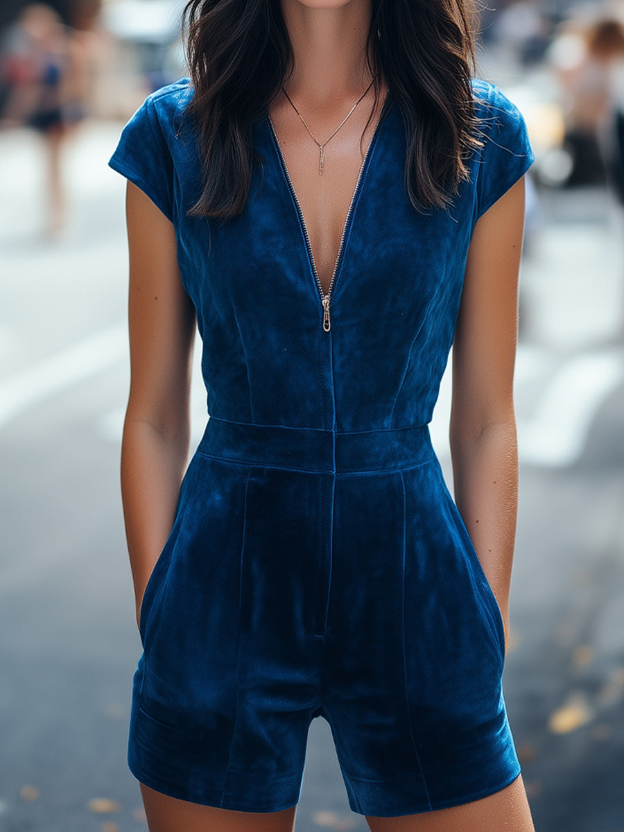 Zipper-Front Sleeveless Utility - Casual Romper