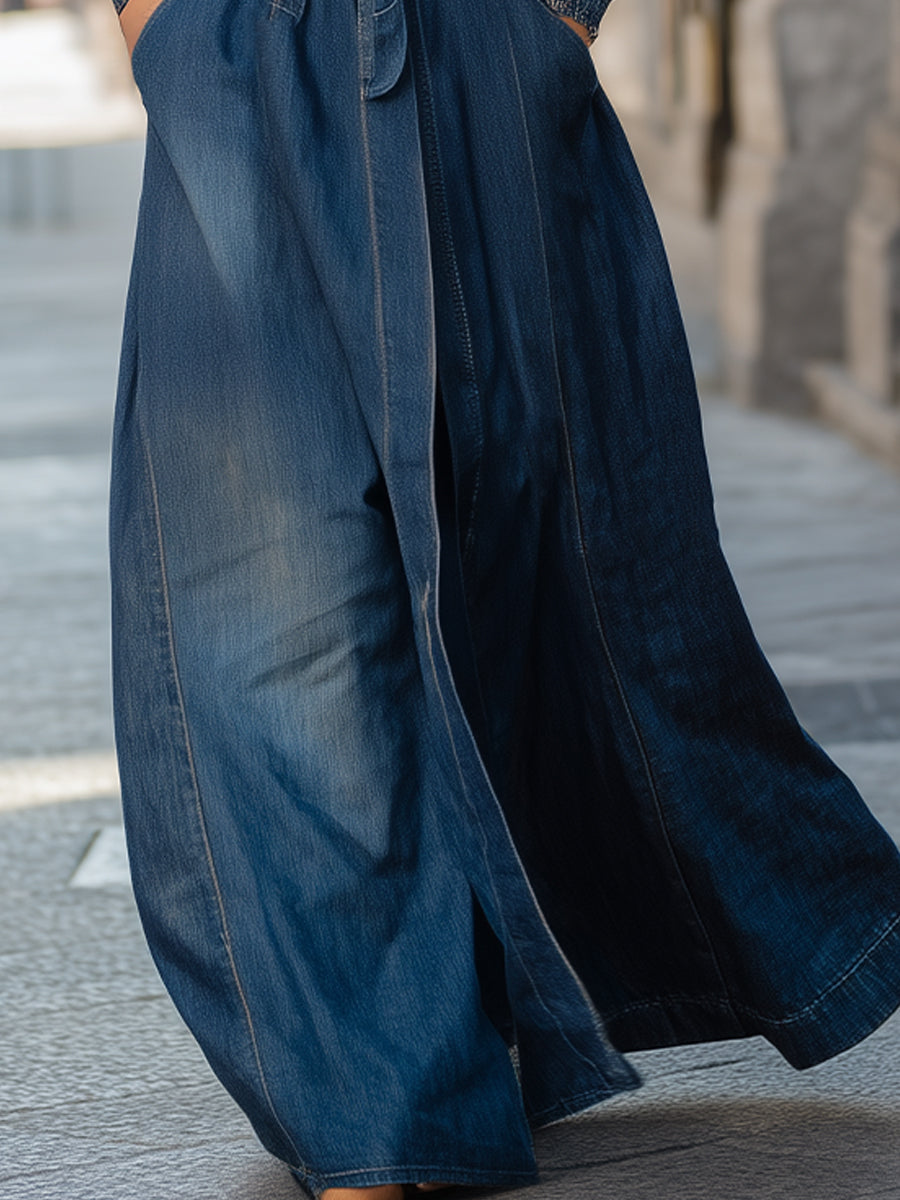 Women's Faux Fur Collar Longline Denim Coat - Denim Coat
