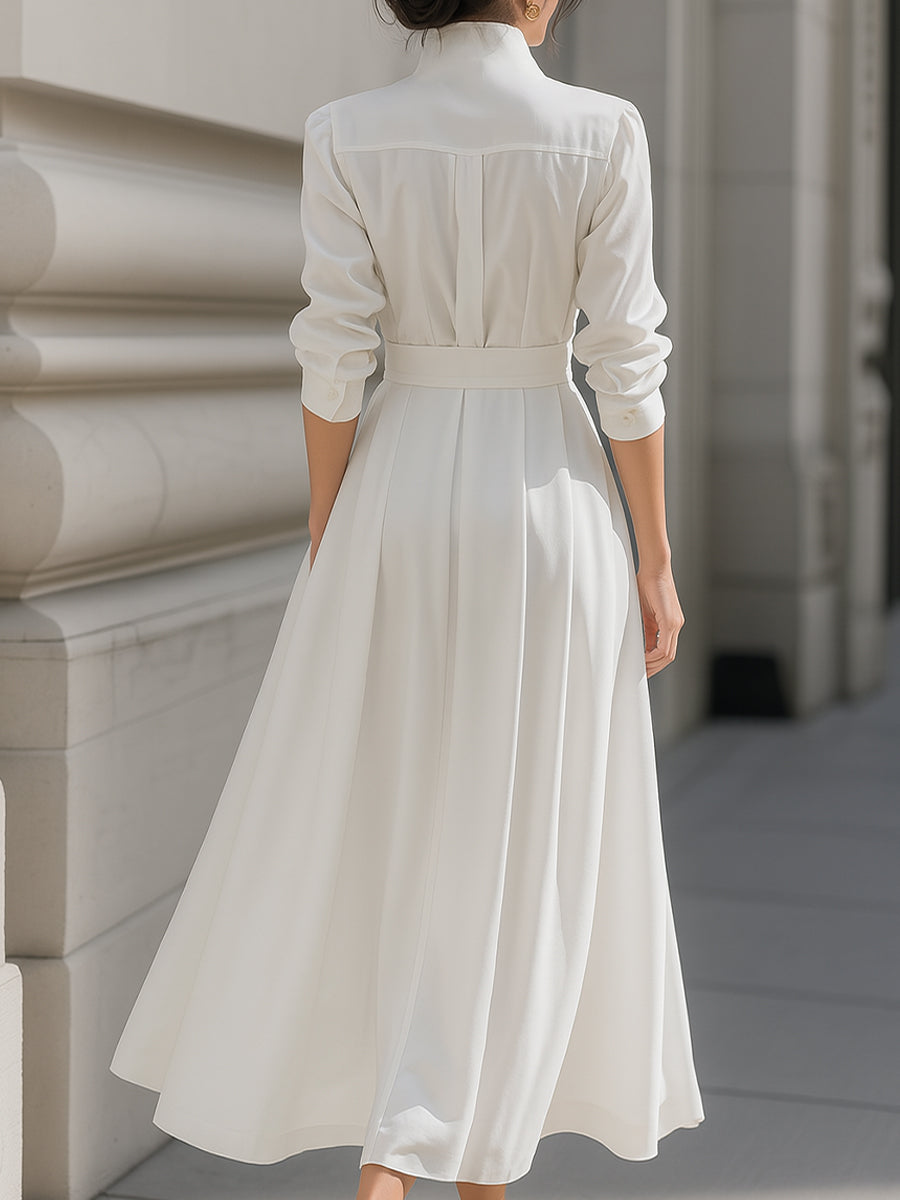 Elegant Belted Shirt Dress with Pleated Skirt - Midi Dress
