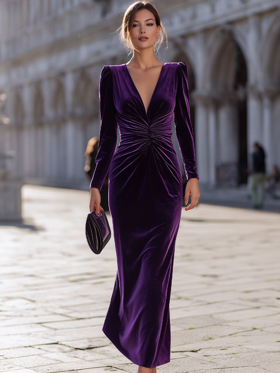 Luxe Purple Velvet Draped Evening Style - Maxi Dress