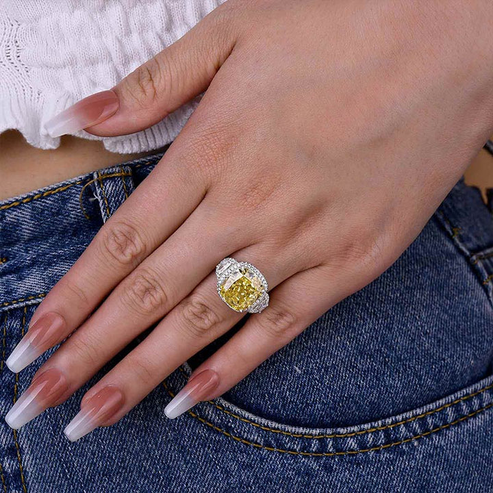 Halo Yellow  Cushion Cut Three Stone Sterling Silver Engagement Ring Shineofdiamond